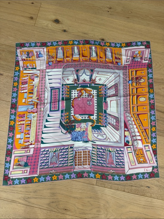 Dior Accessories - Dior Pink, Green and Yellow Illustrated Silk Scarf